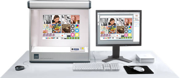 Softproofing station with a calibrated monitor and standardized viewing booth for color-critical evaluation